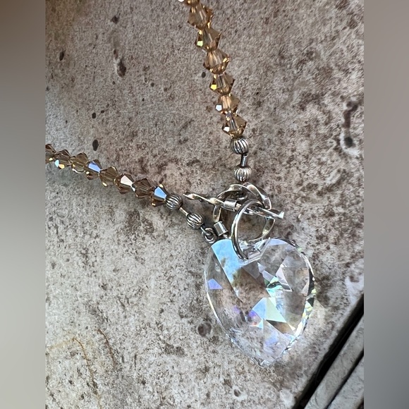 Crystal Swarovski Heart Faux Champagne Pearl Choker Necklace - Picture 5 of 9